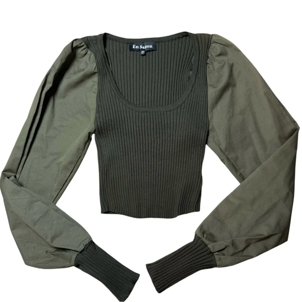 En Saison Shelburne Blouse Green XS Puff Sleeve Ribbed Top from Anthropologie